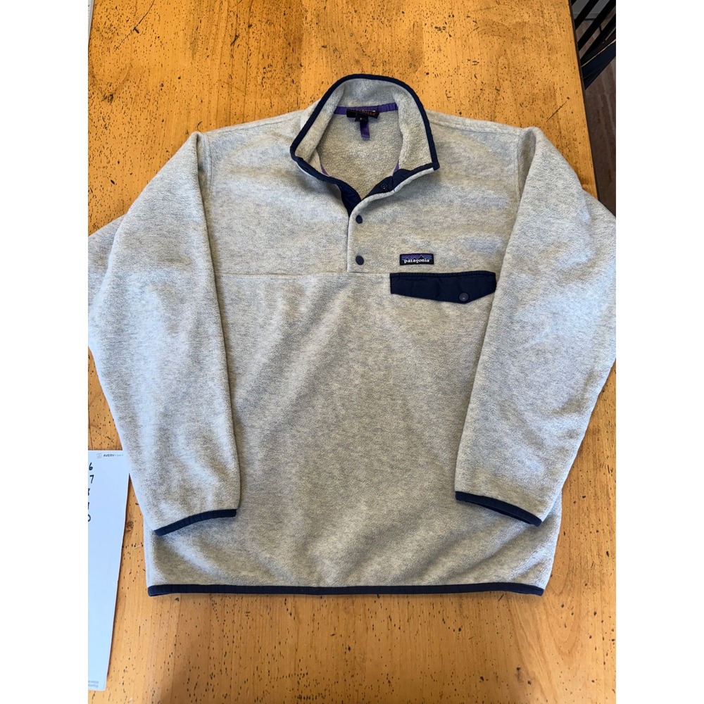 Patagonia Synchilla Size M Snap-T Fleece Pullover Oatmeal Gray Navy Blue